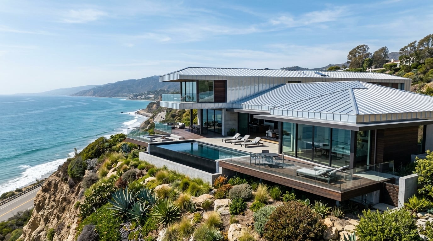 Coastal Modern standing seam metal roof in Malibu