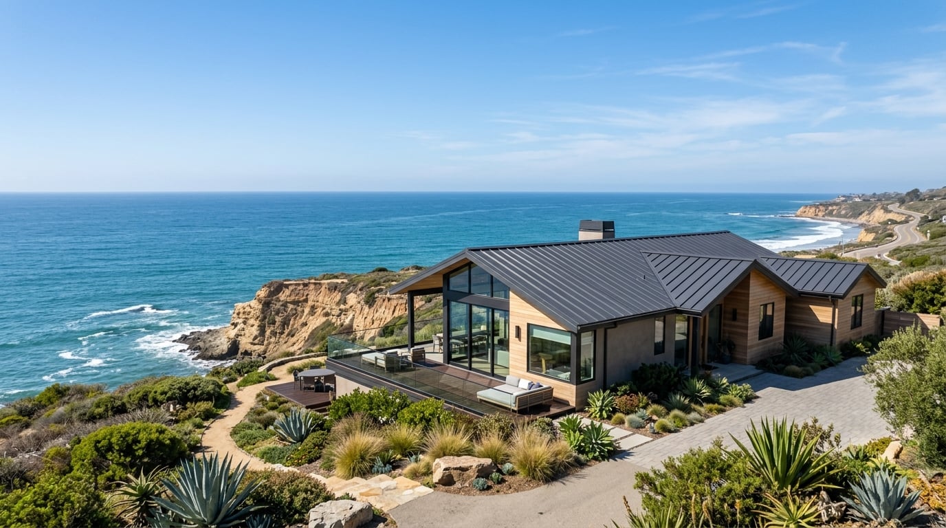 Standing seam aluminum metal roof on a coastal Southern California home with the Pacific Ocean and bluff behind it.