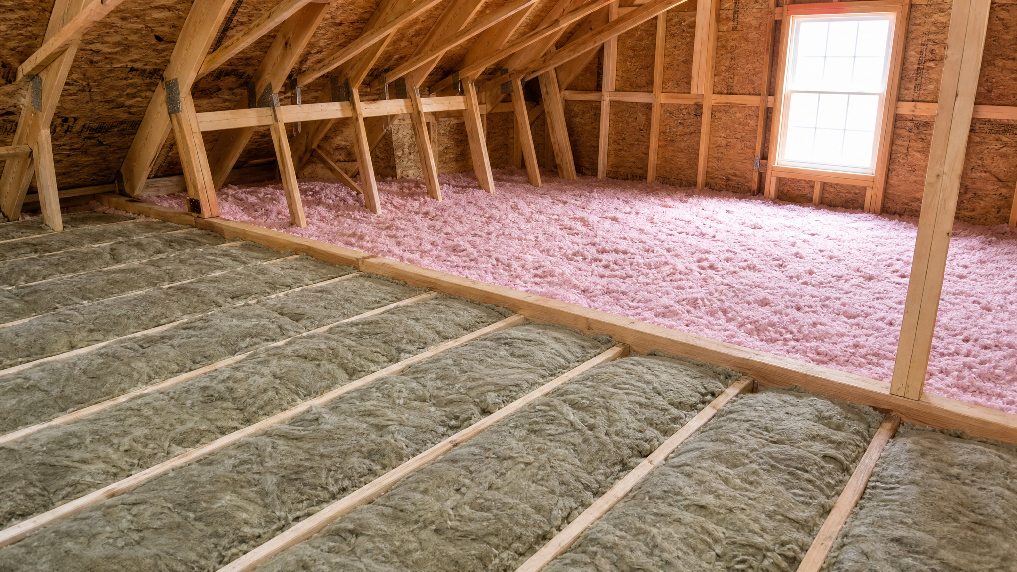 Mineral wool batt insulation and blown-in fiberglass installed in a residential attic.