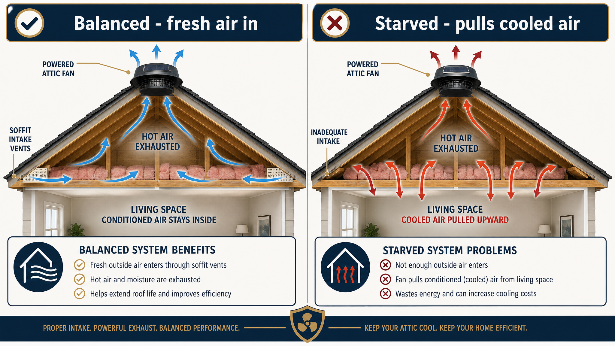 Properly sized powered attic fan with balanced intake ventilation on a Los Angeles metal roof.