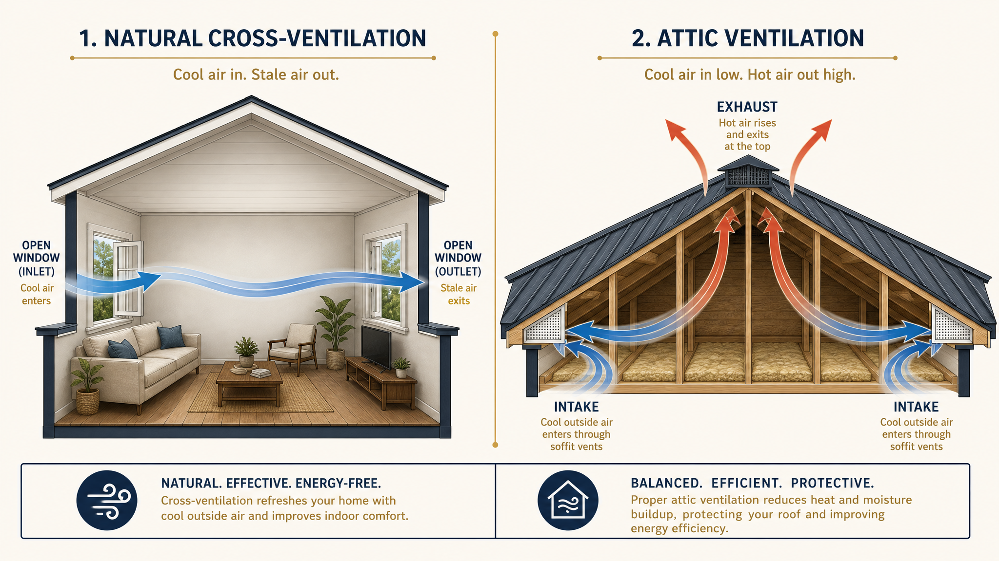 Cross-breeze airflow through balanced attic intake and exhaust vents.
