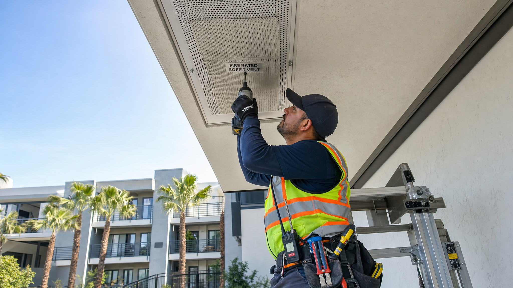 Installing fire-rated soffit venting on a multifamily balcony in Los Angeles.