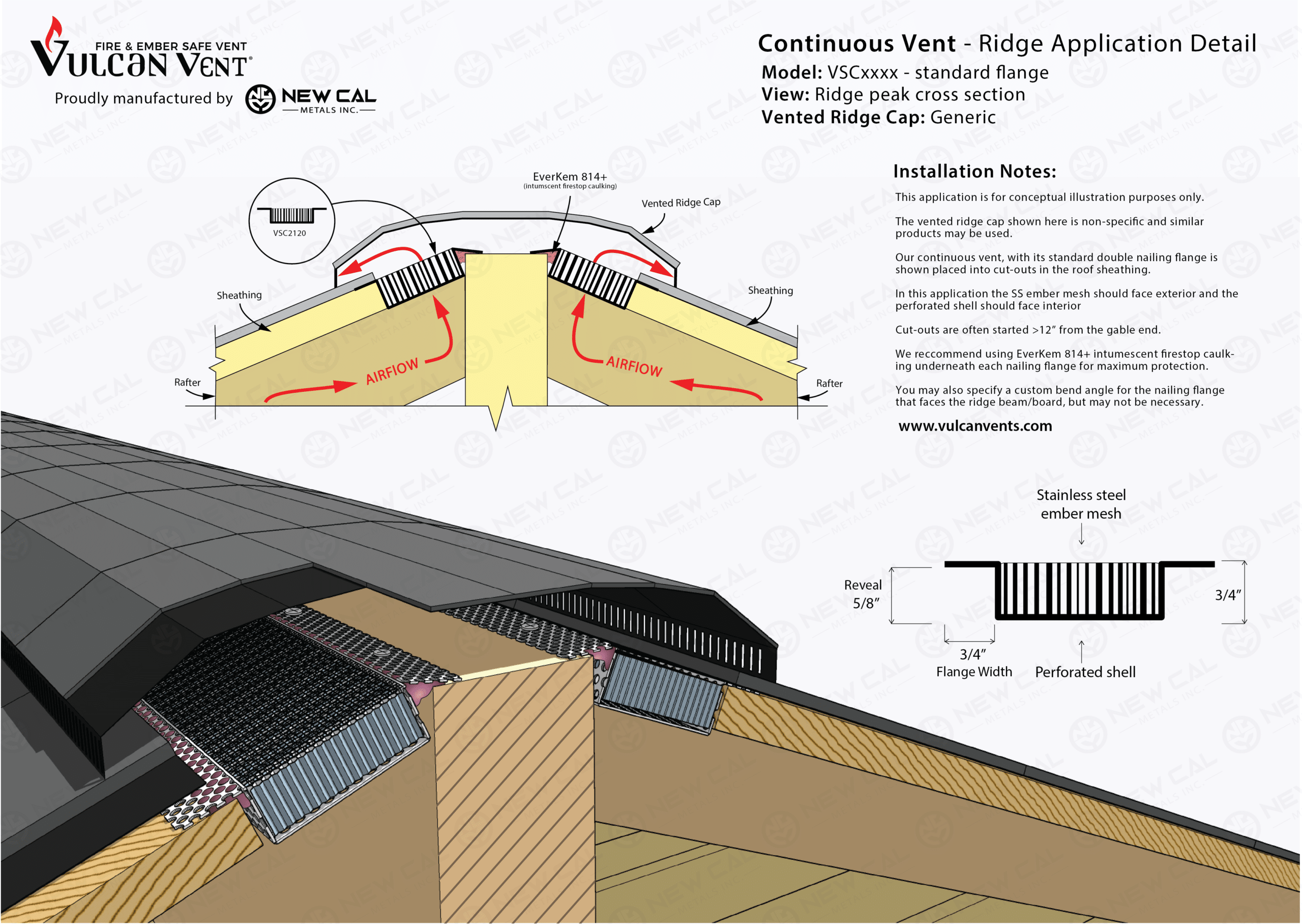 Vulcan standard flange fire-rated soffit vent profile diagram.