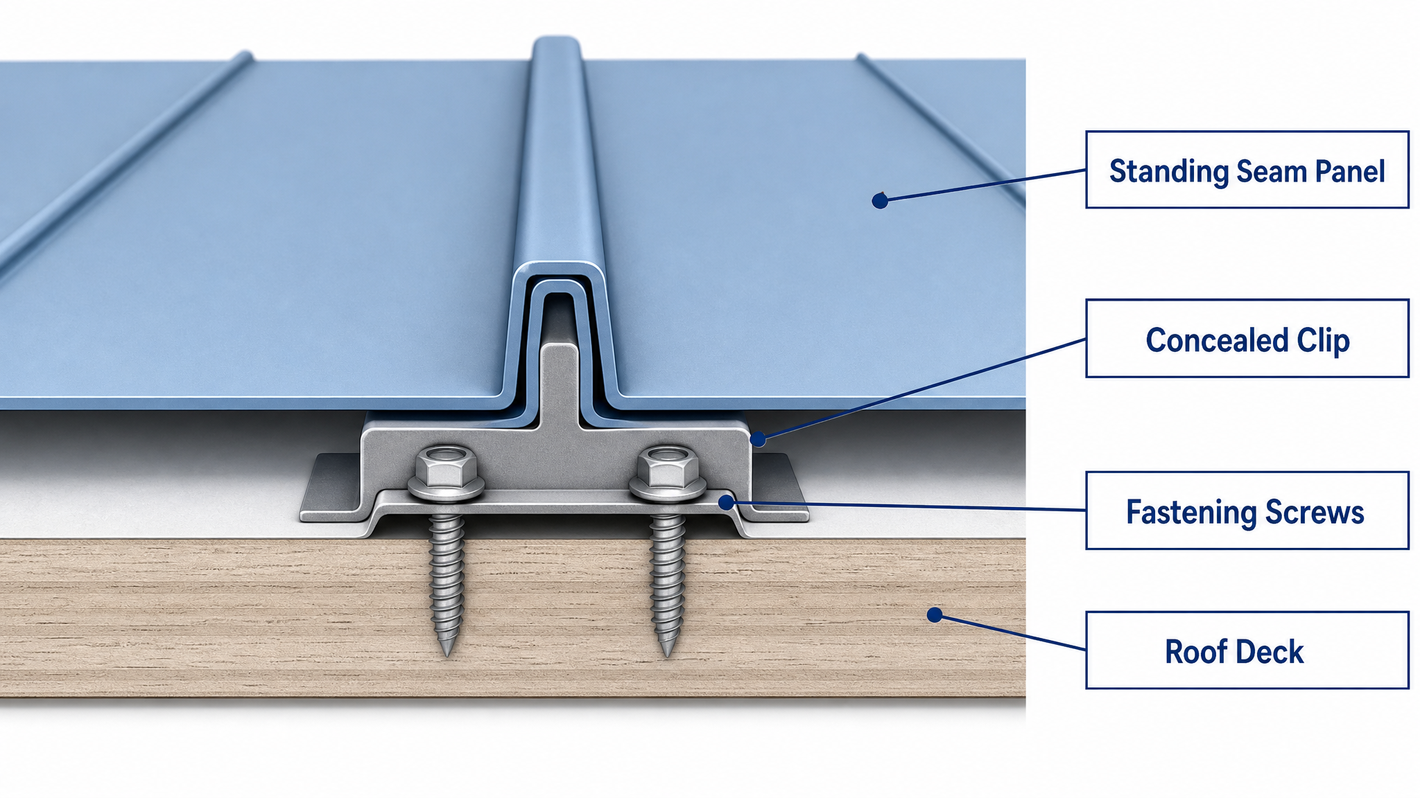 Concealed standing seam metal roof clip attached to the roof deck beneath a metal panel
