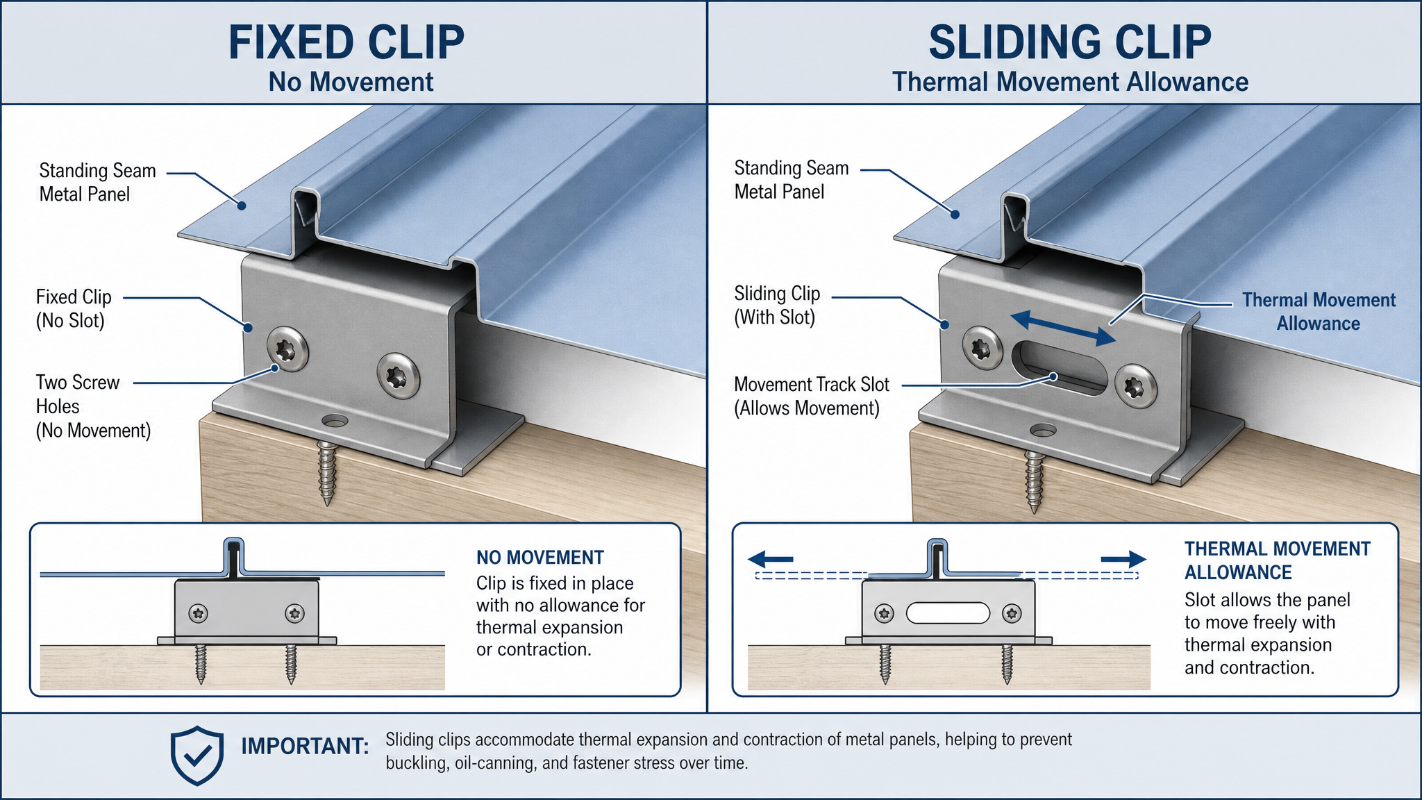Comparison of fixed standing seam clips and sliding standing seam clips
