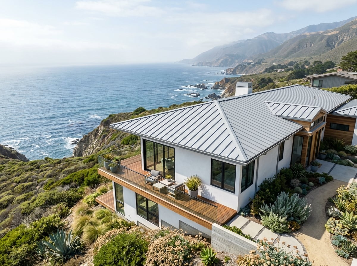 Standing seam metal roof on coastal California home