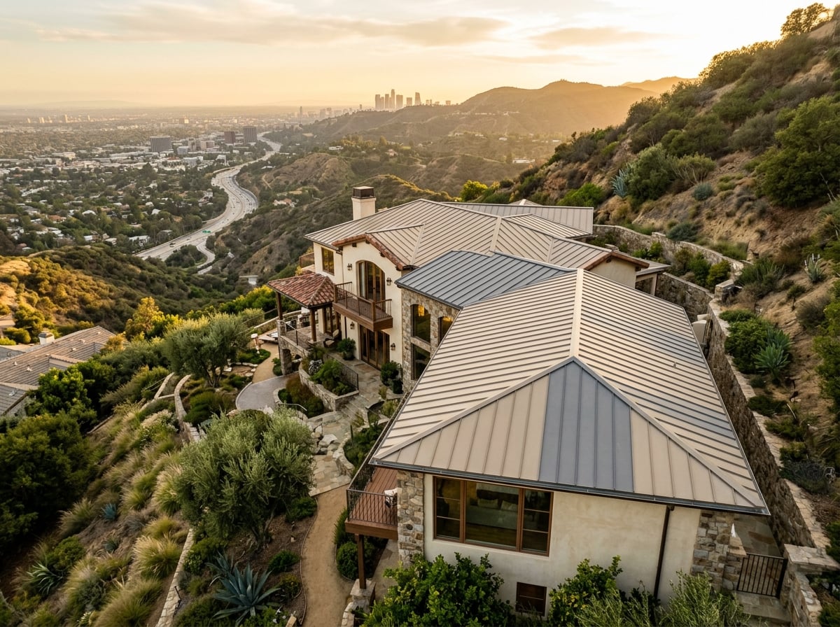 Standing seam metal roof on hillside California residence