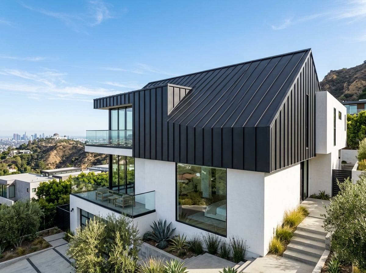 Modern contemporary home with dark standing seam metal roof