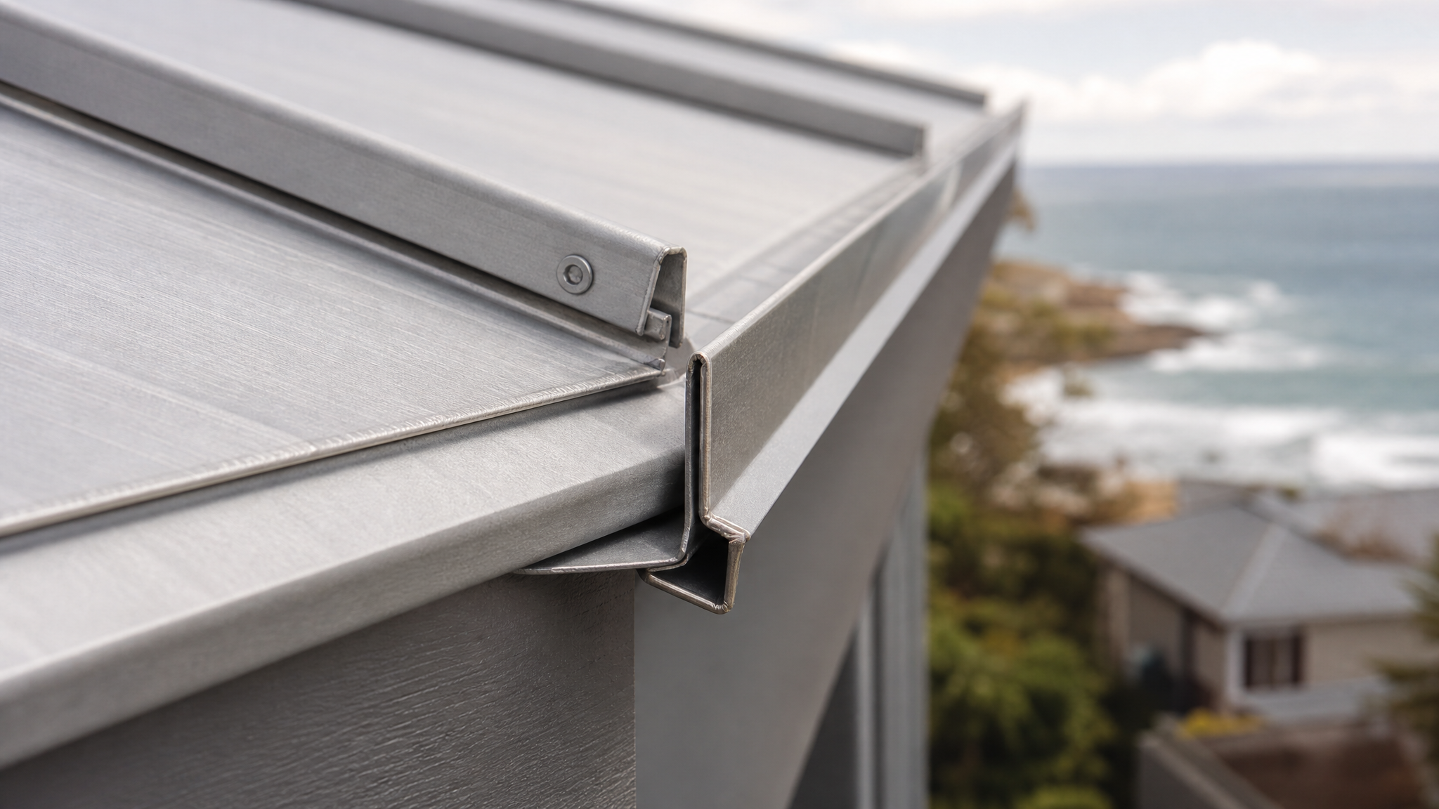 Close-up photograph showing treated field-cut aluminum roof edge highlighting protective treatment and sheet metal craftsmanship