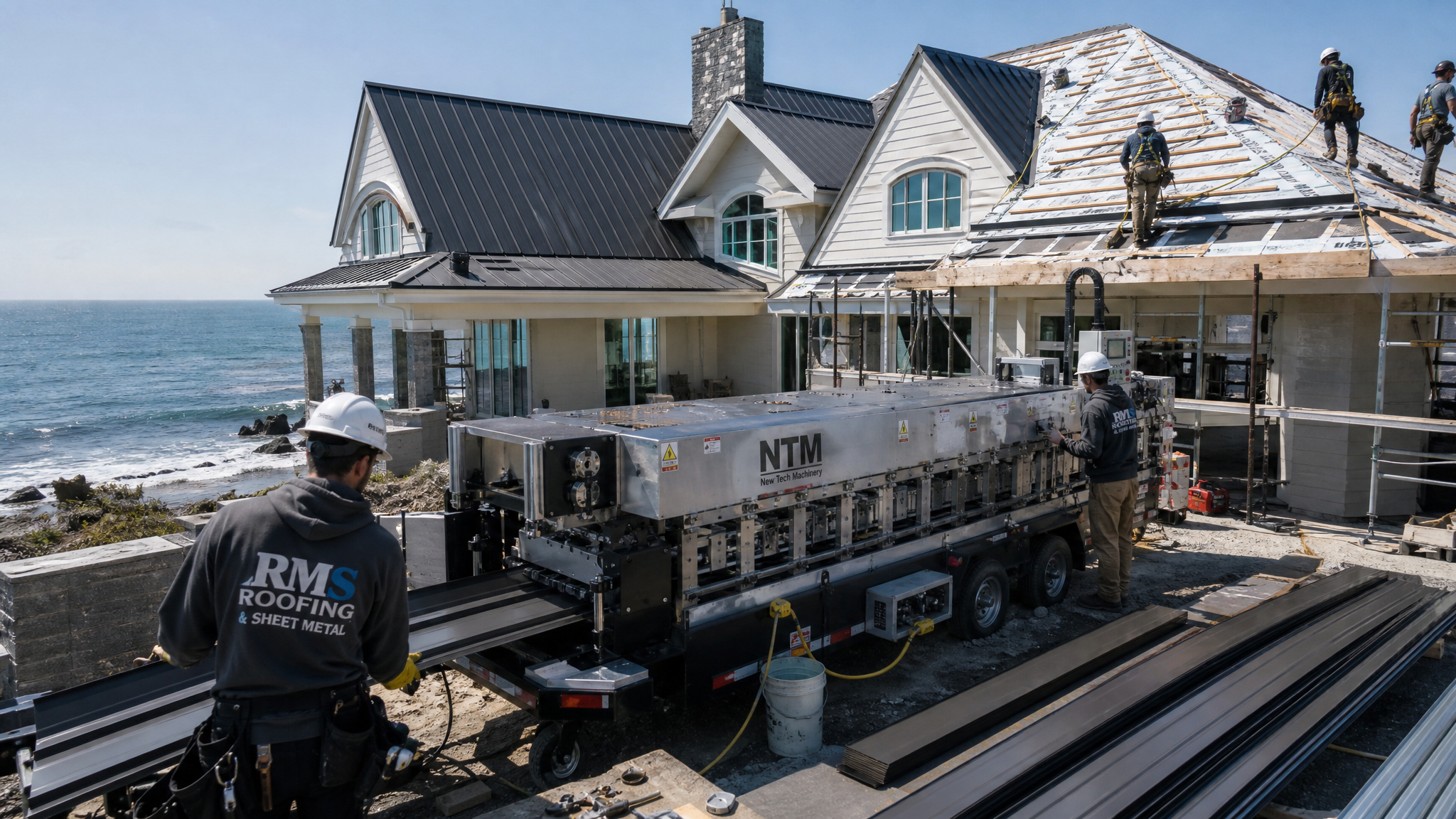 C-43 sheet metal specialist forming aluminum standing seam panels on-site at a coastal residence with portable roll former
