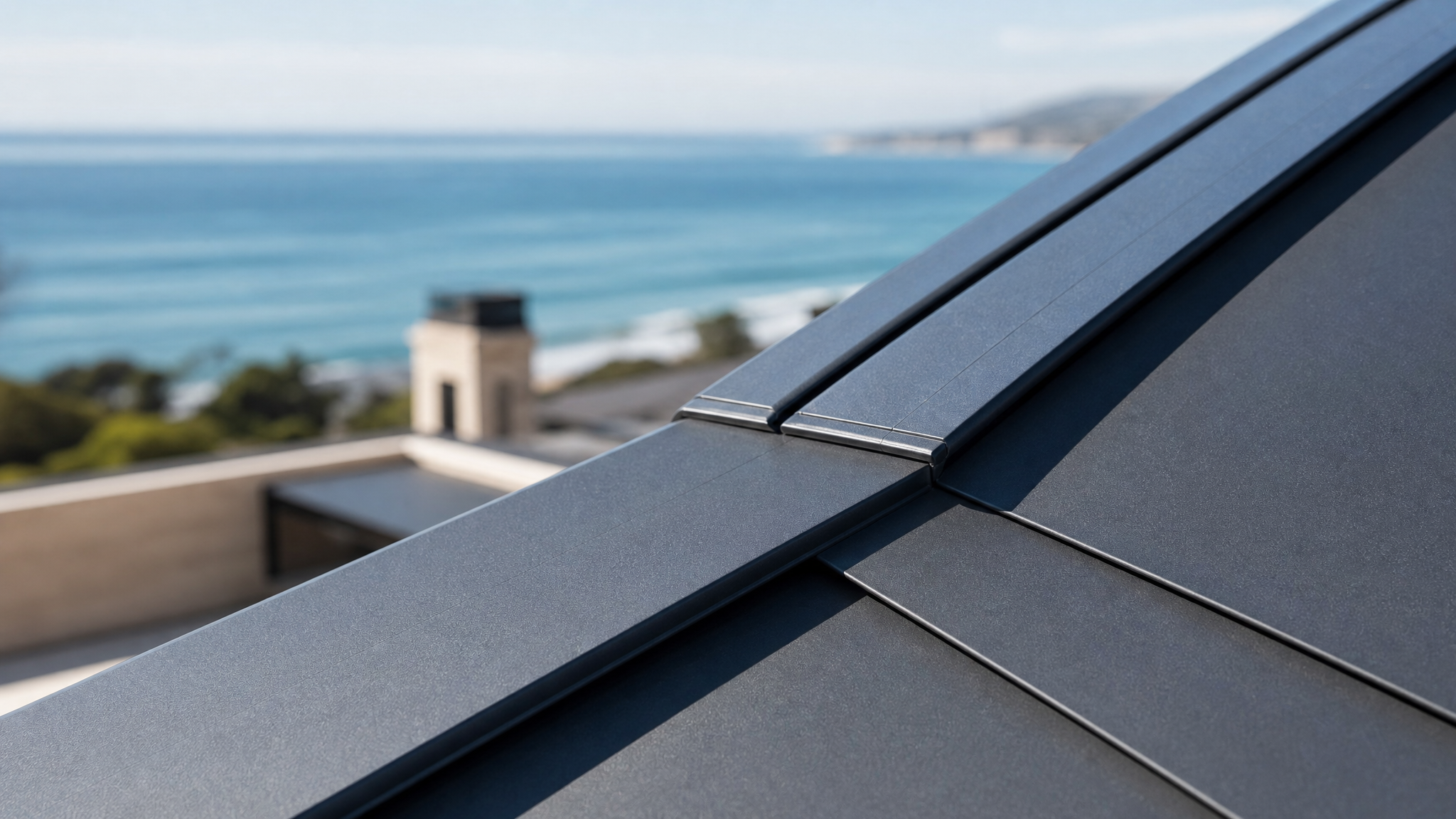 Close-up of standing seam aluminum roof installed on a coastal residence highlighting seam details and premium finish quality