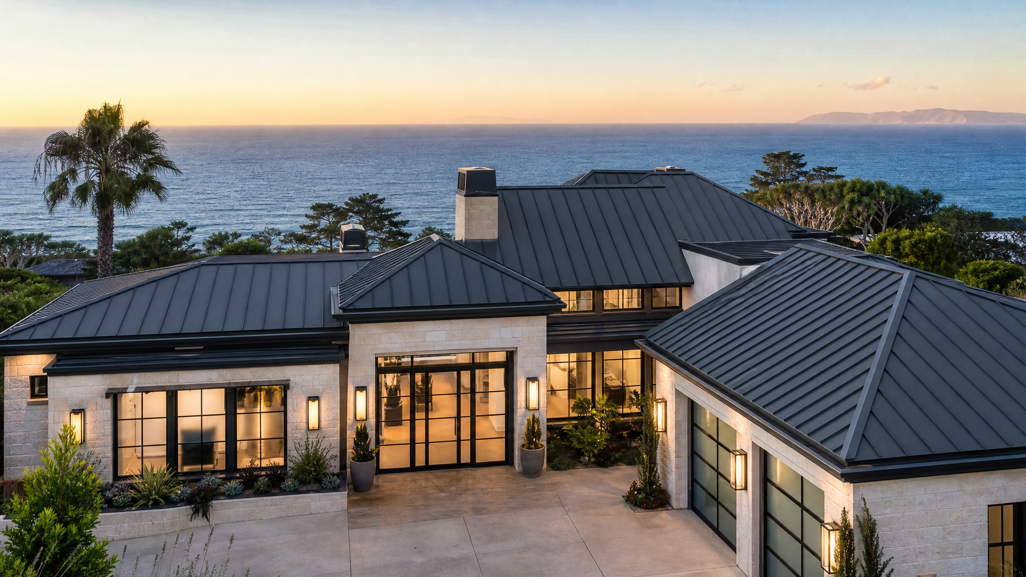 Luxury coastal residence featuring standing seam aluminum roof overlooking the Pacific Ocean with clean vertical seams
