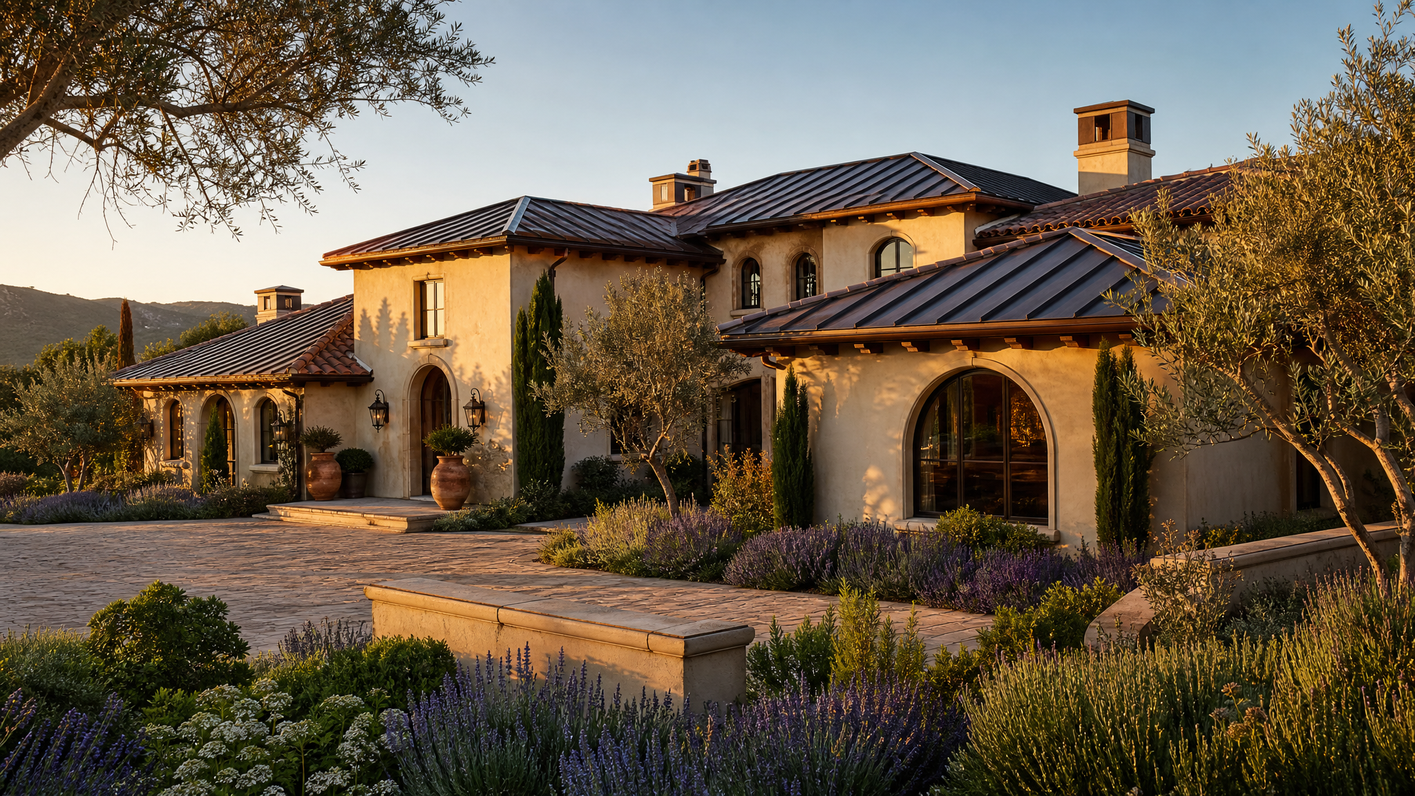 Medium Bronze standing seam metal roof on Mediterranean estate in Hidden Hills