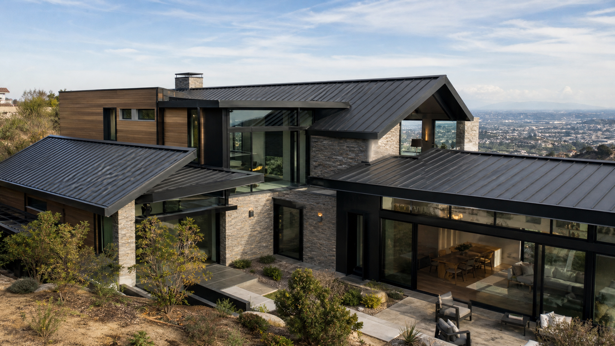 Charcoal Gray standing seam metal roof on contemporary home in Westlake Village