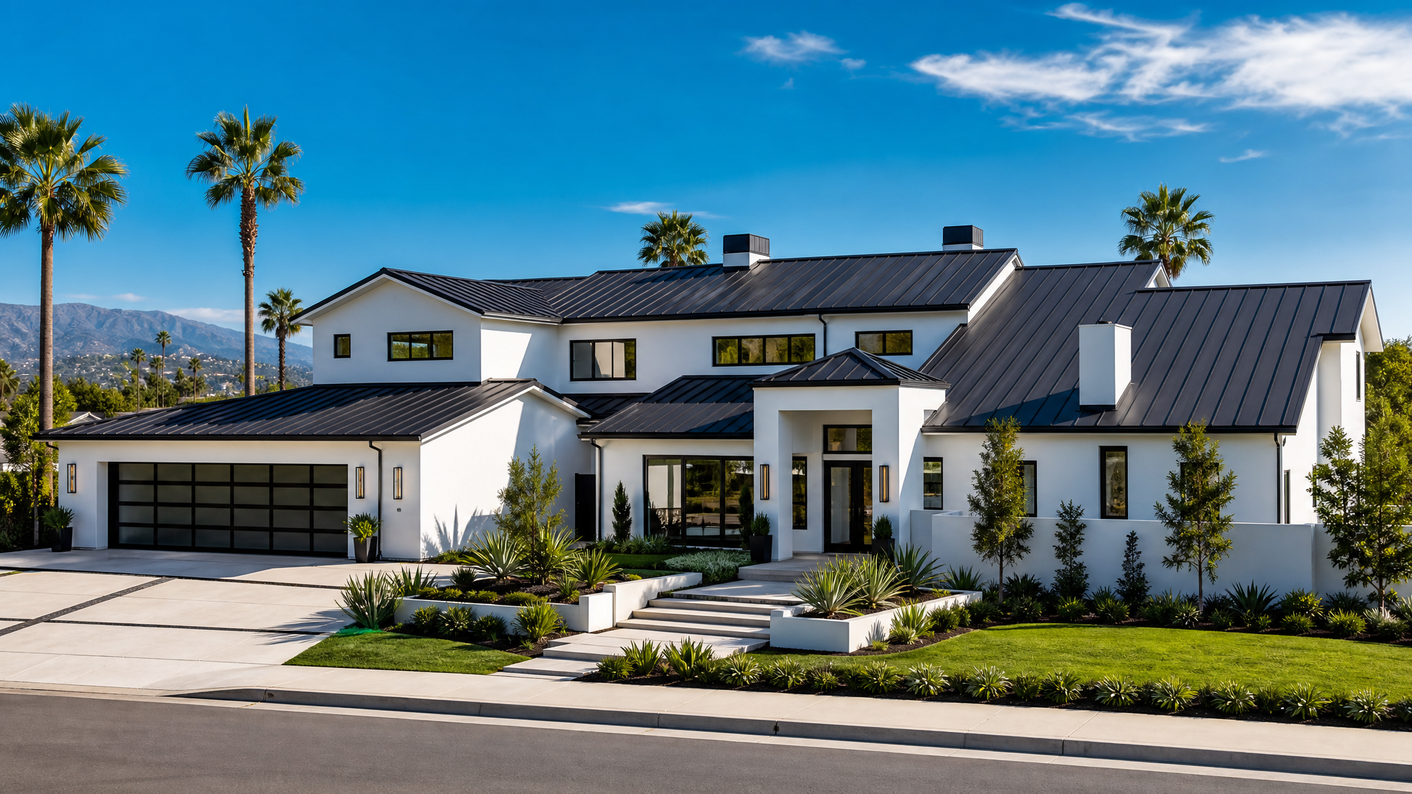 Standing seam metal roof colors and finishes on a luxury Los Angeles home