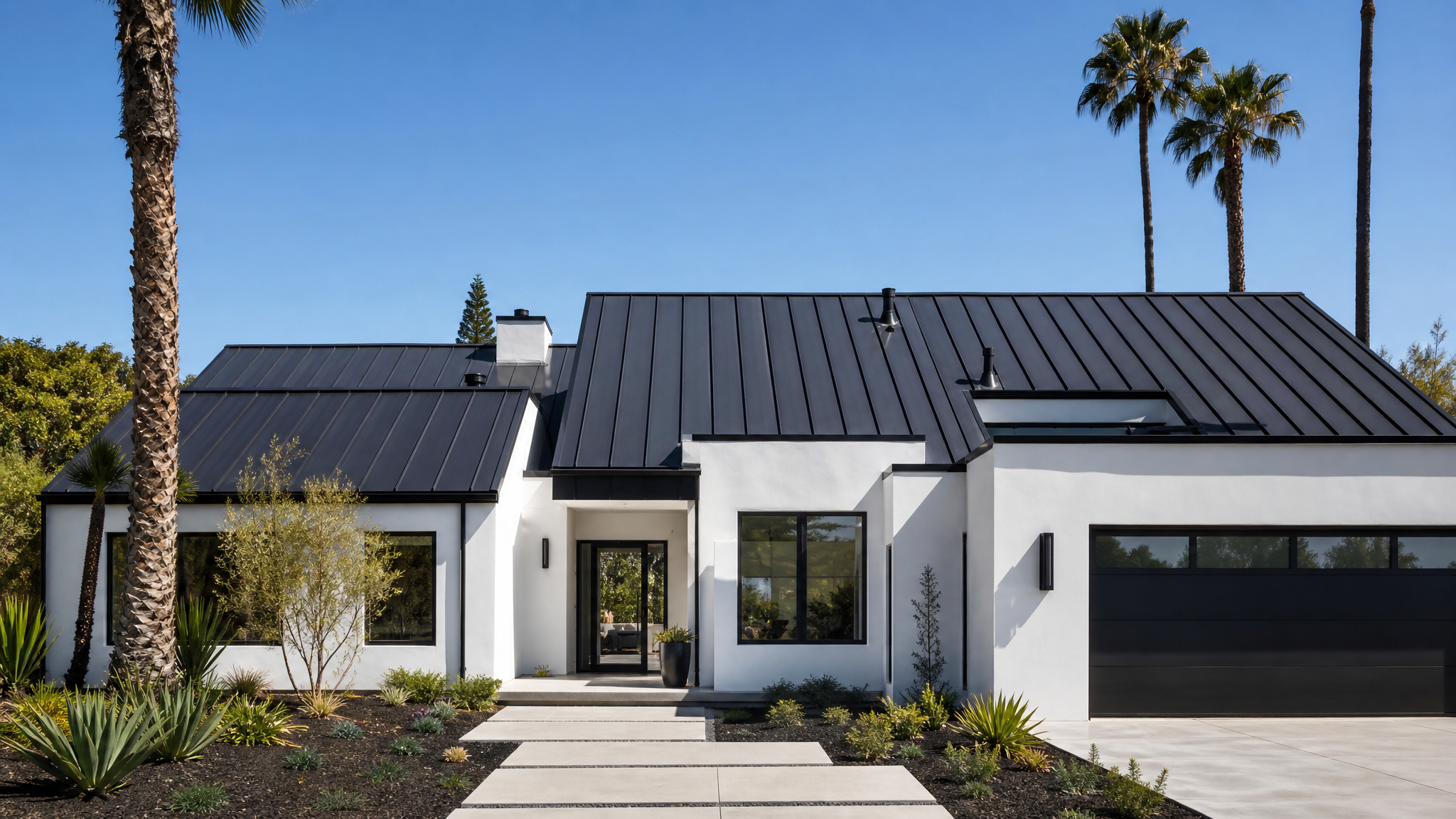 Matte black standing seam metal roof on a custom home