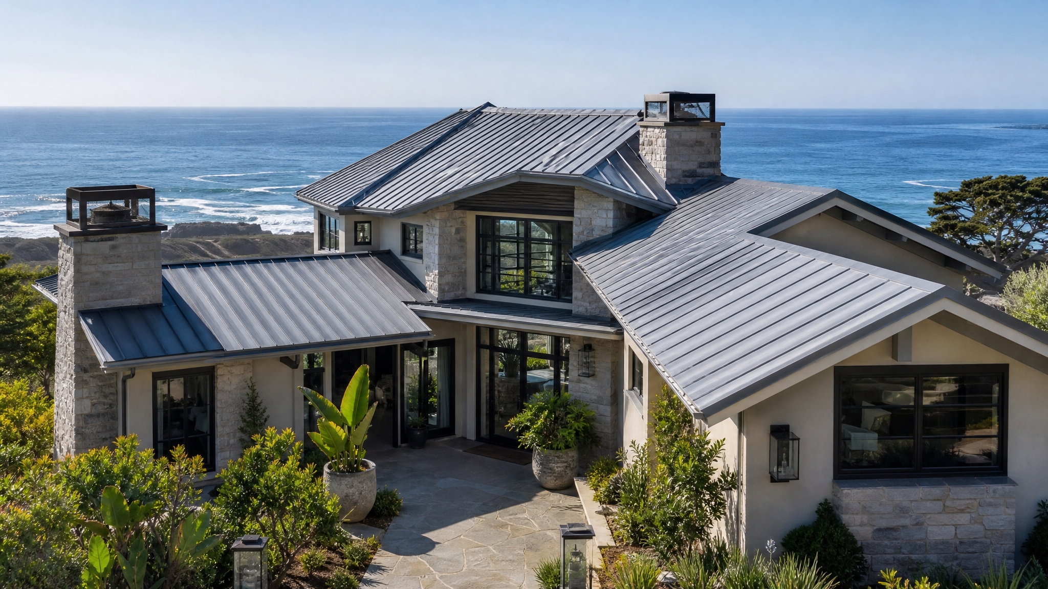 Weathered Zinc standing seam metal roof on luxury coastal home in Laguna Beach