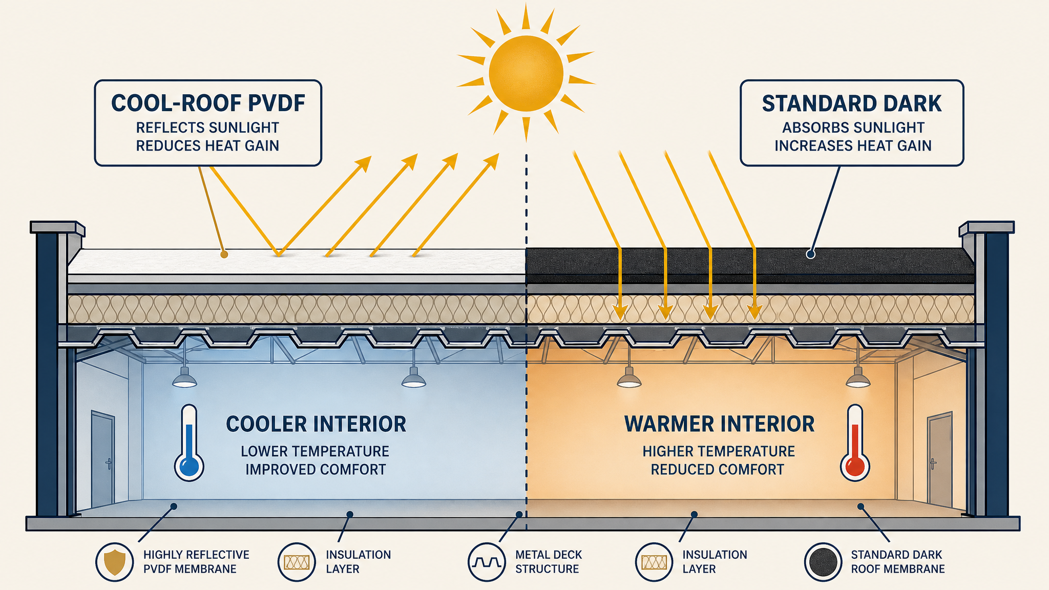 Cool-roof PVDF finish reflecting solar heat off a commercial metal roof.