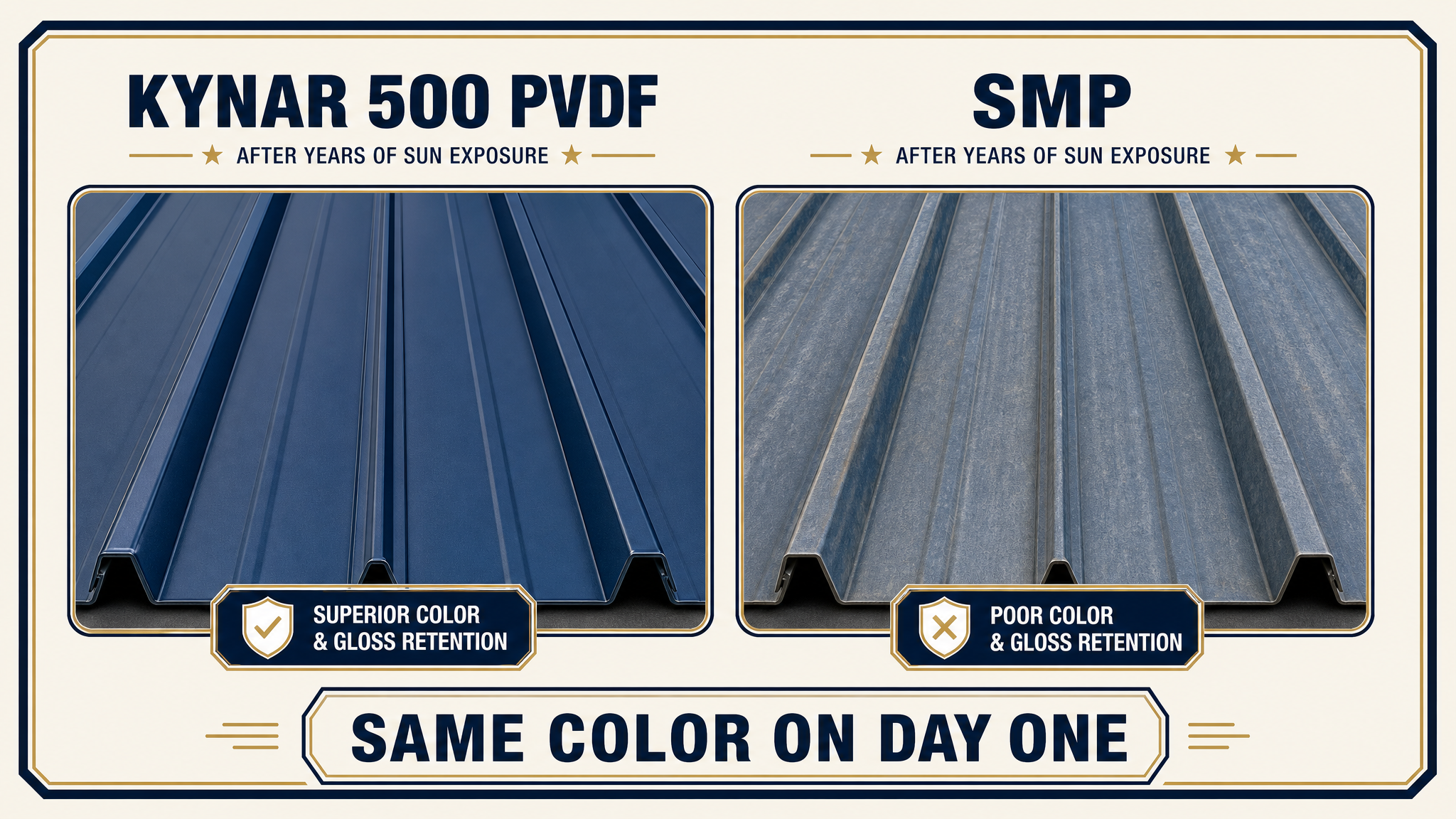 Kynar 500 PVDF finish holding color versus a faded, chalked SMP finish.