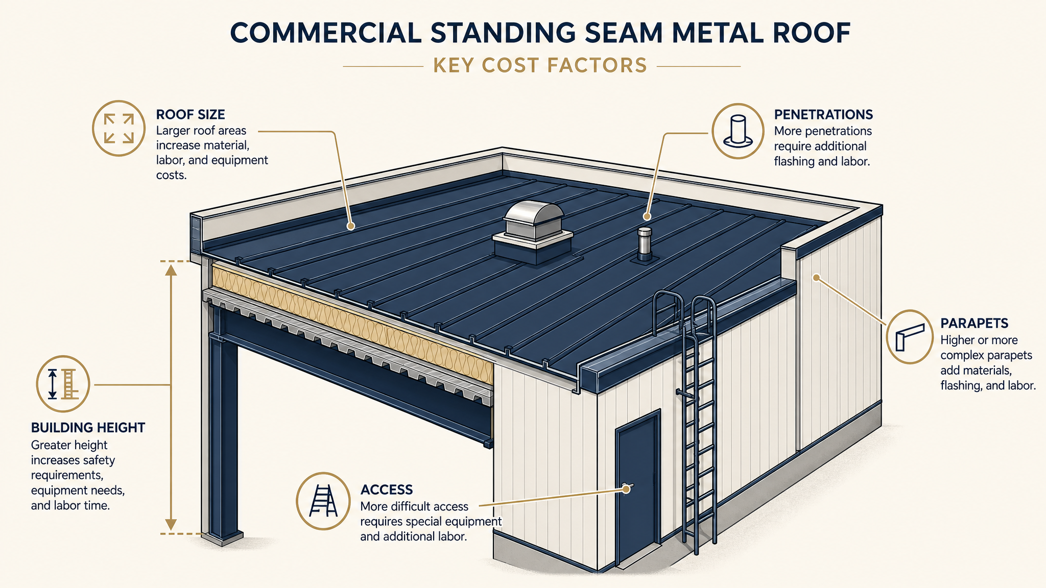 Cost drivers on a commercial standing seam metal roof.