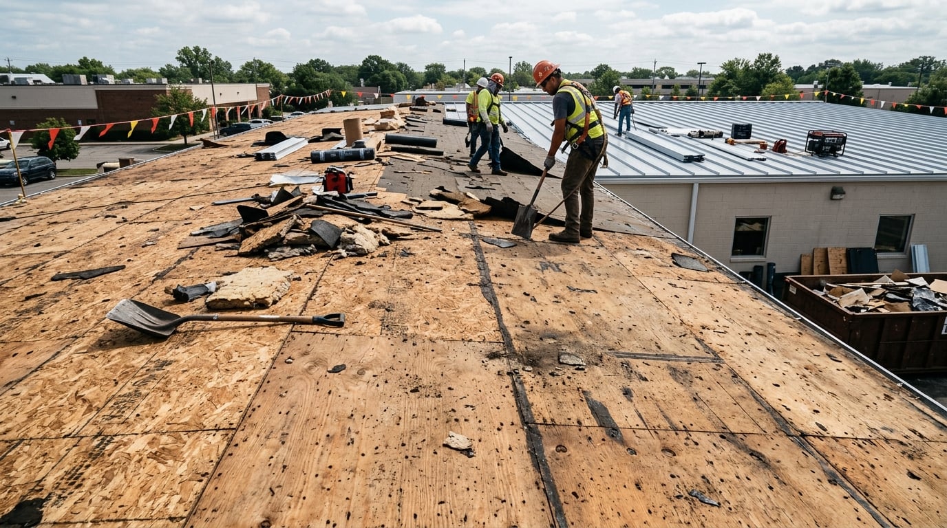 Commercial roof tear-off exposing the deck before a new standing seam install.