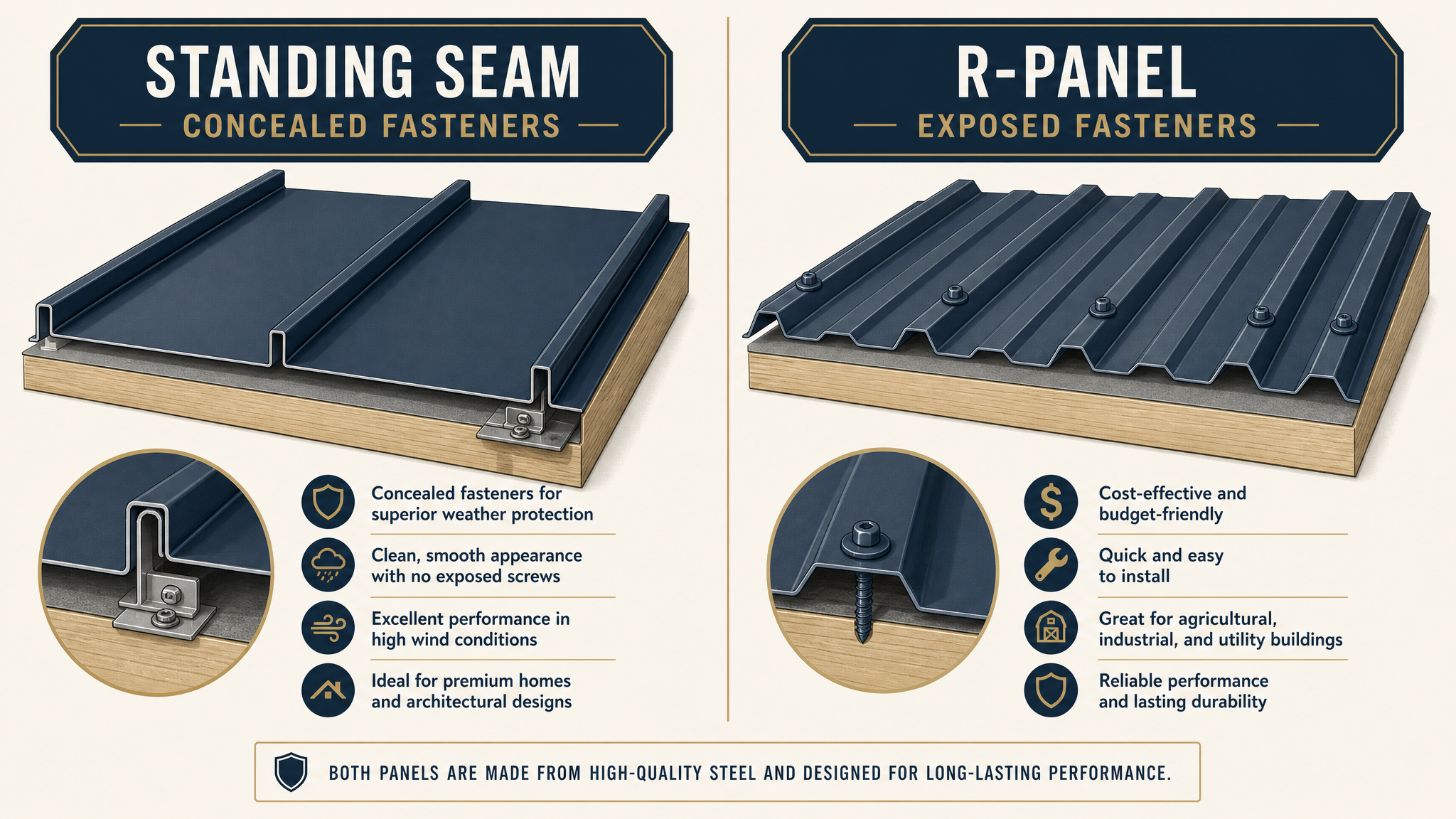 Concealed-fastener standing seam versus exposed-fastener R-panel on a commercial roof.