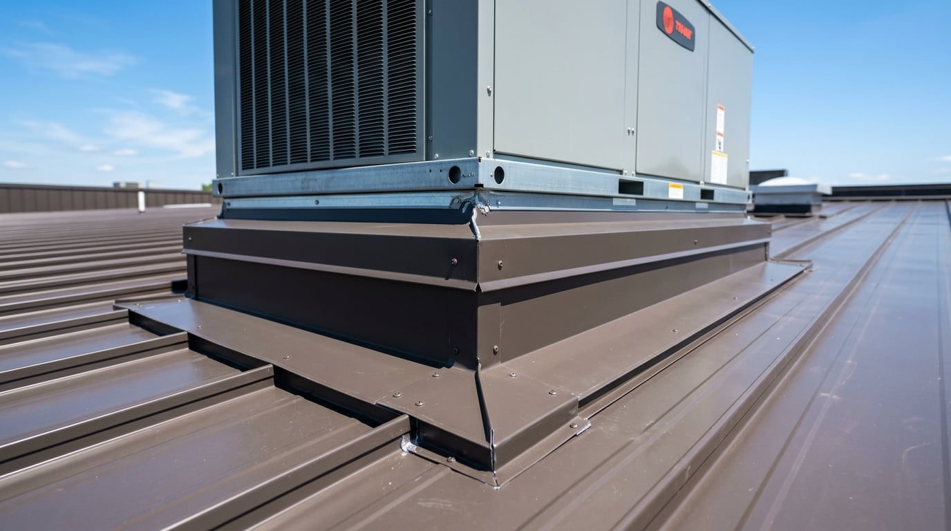 Formed metal curb flashing around a rooftop HVAC unit.