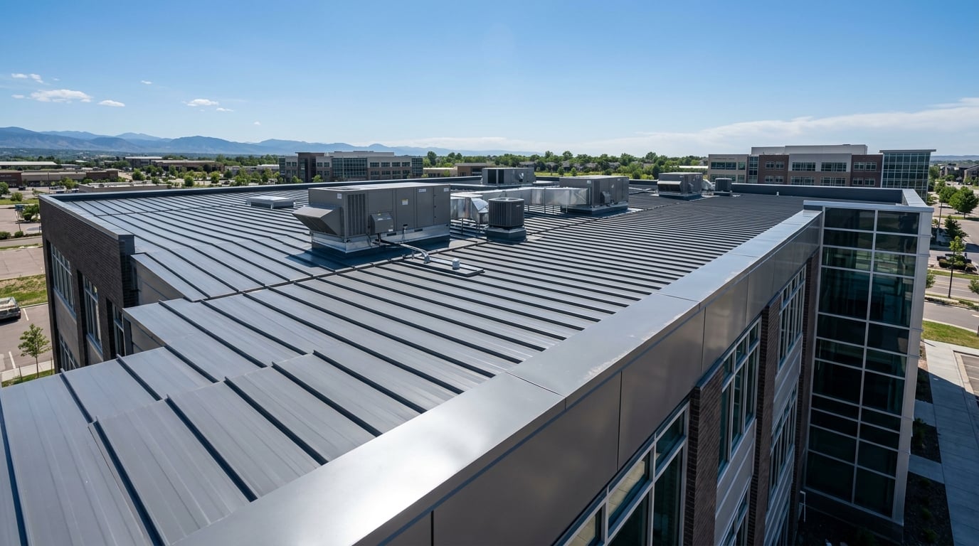 Commercial metal roof with metal parapet coping and flashed curbs.