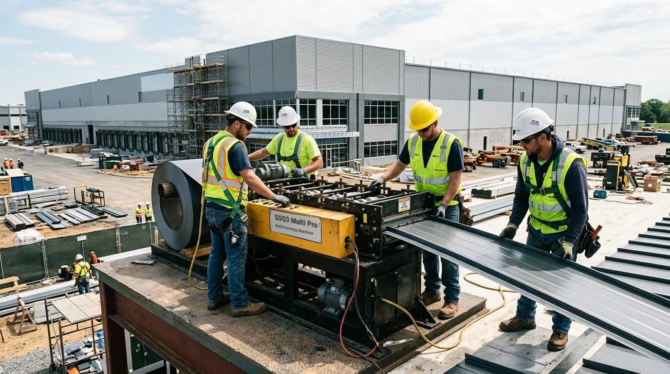 The Metal Roof Pros crew forming standing seam panels on site for a commercial roof.