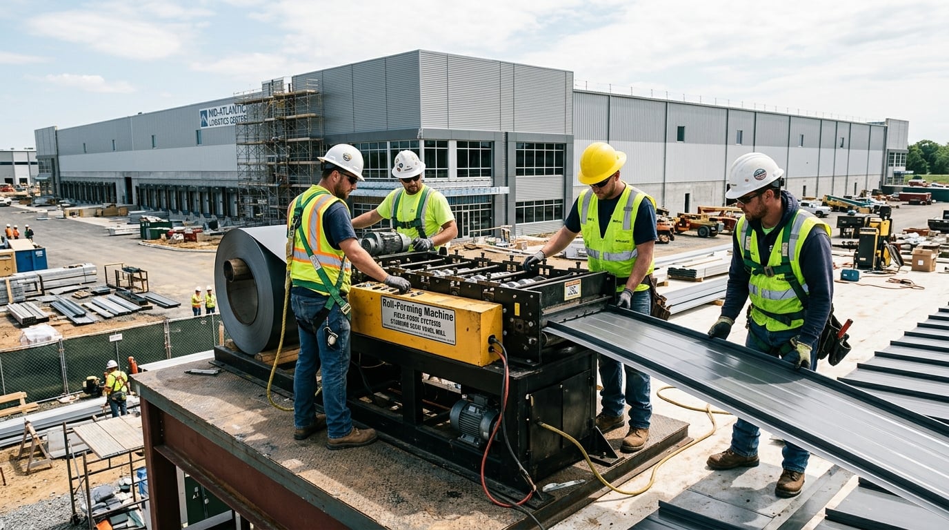 The Metal Roof Pros crew forming standing seam panels on site for a commercial roof.