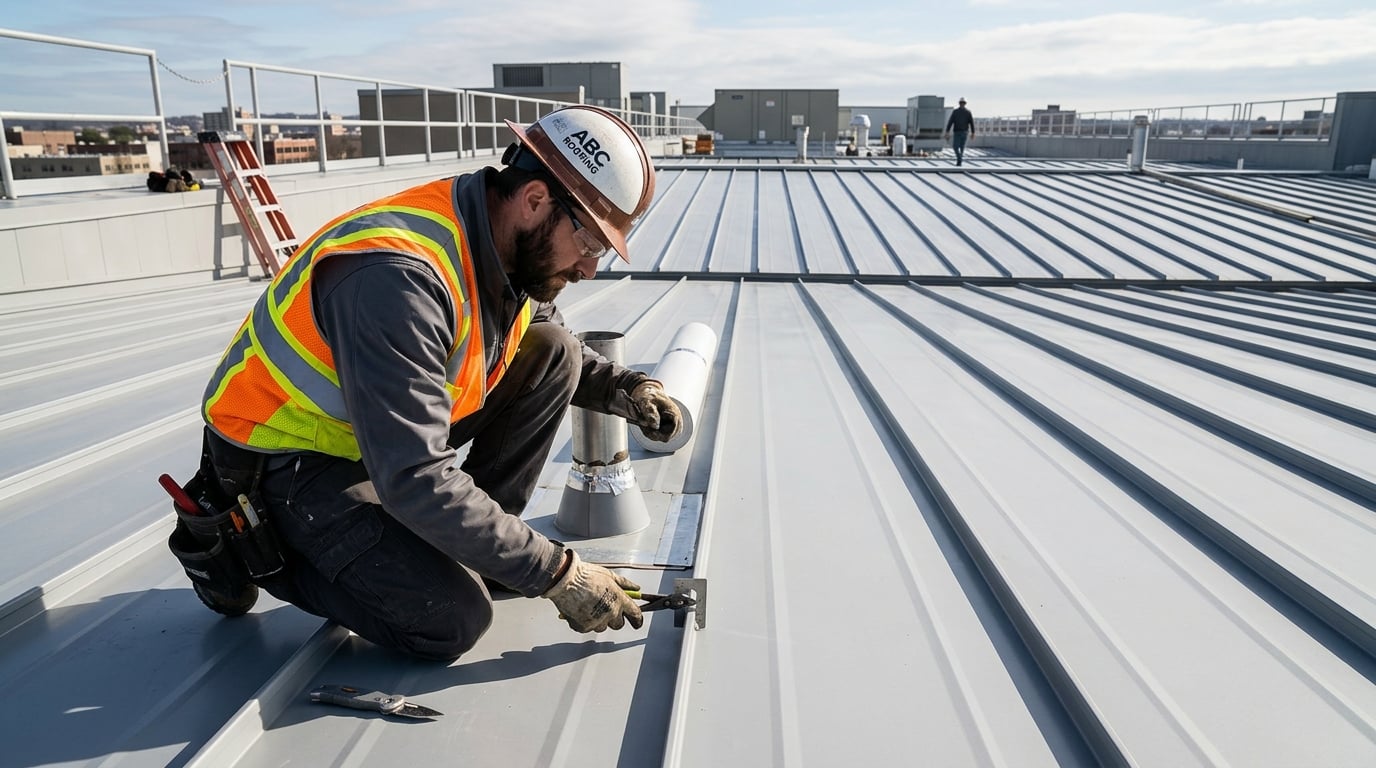 Commercial metal roof repair and scheduled maintenance.
