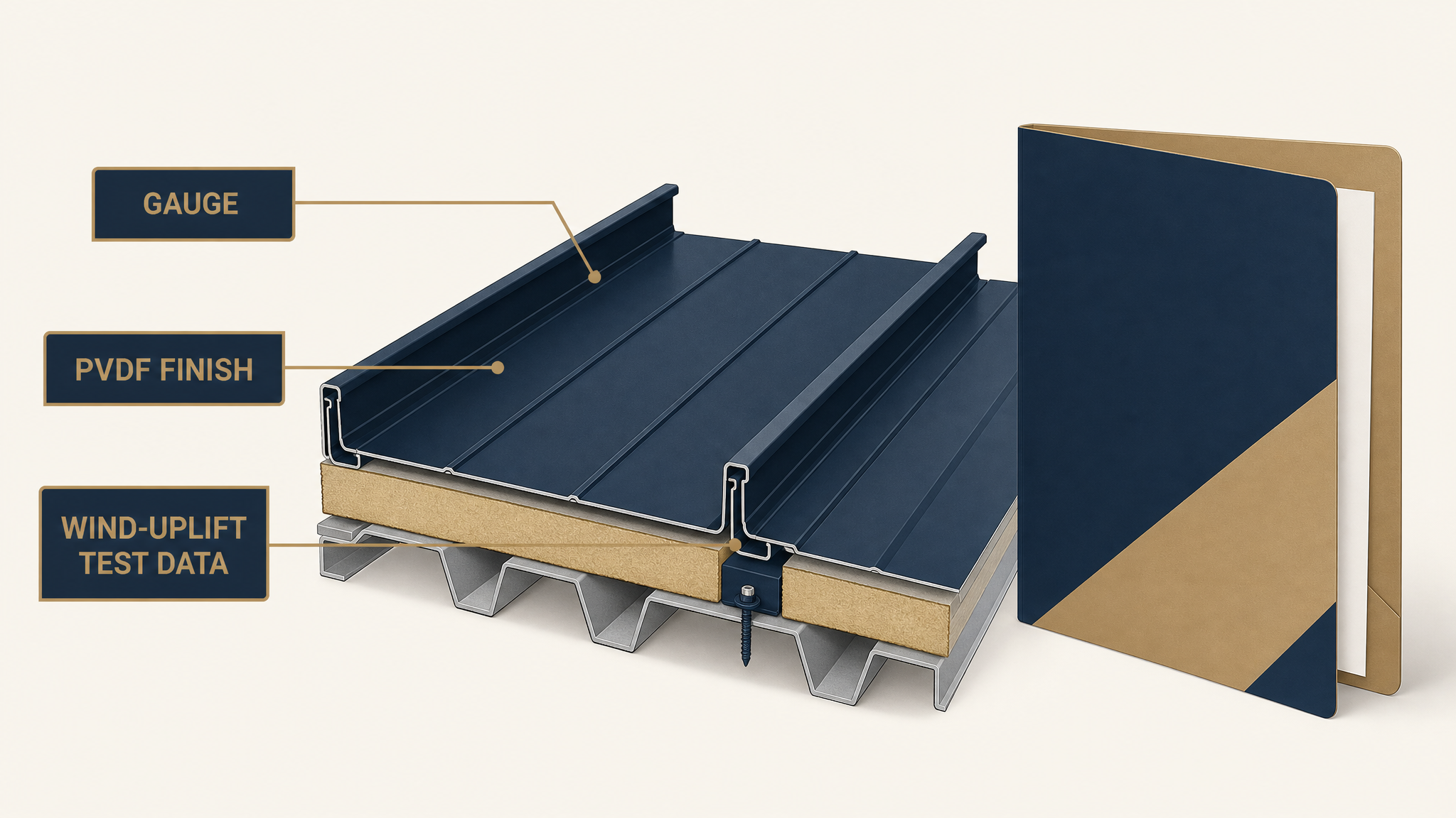 Manufacturer certification and test data behind a commercial metal roof.