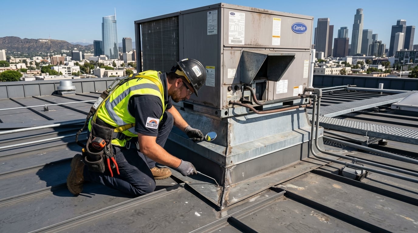 Technician inspecting standing seams and flashing to find a commercial roof leak.