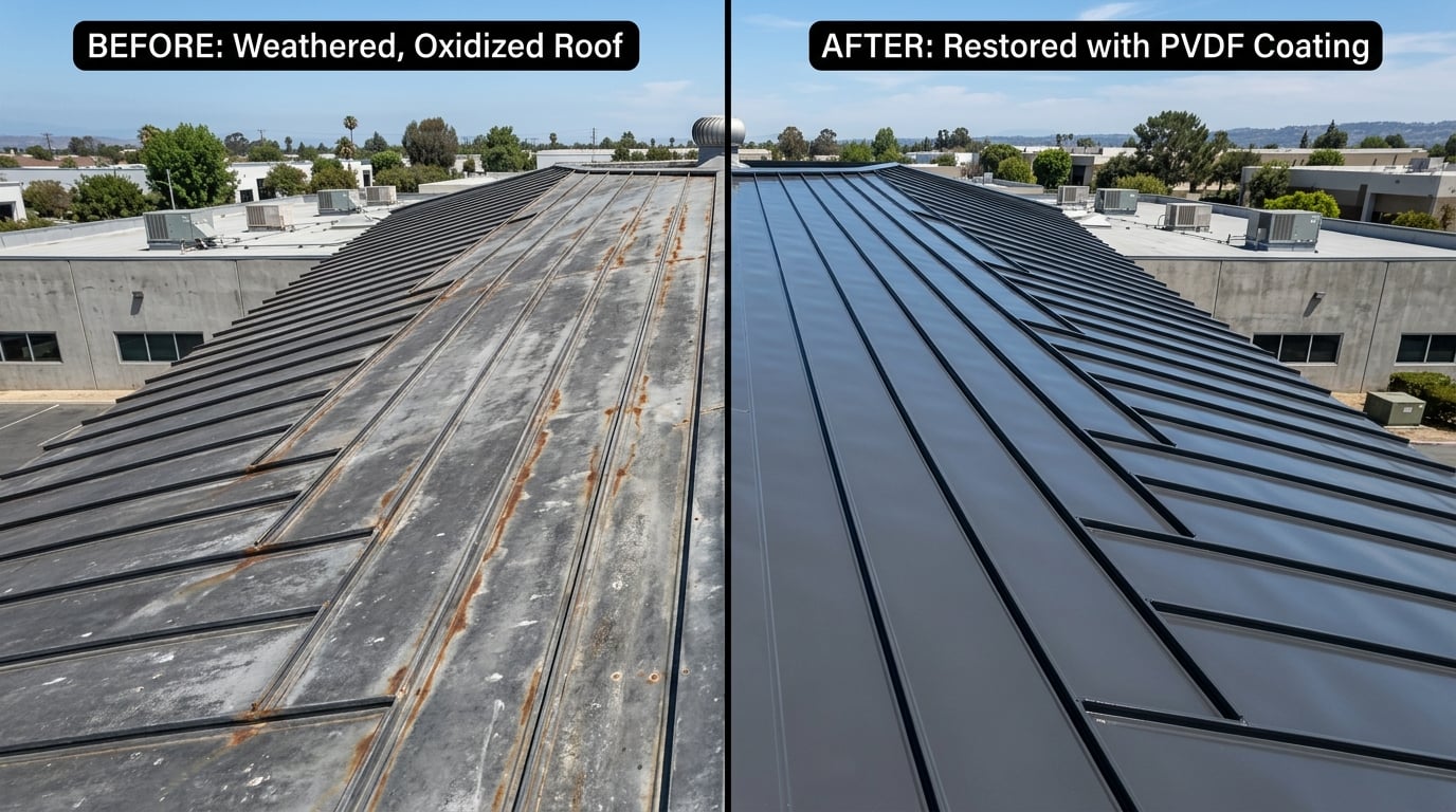 Faded commercial metal roof before and after a PVDF restoration coating.