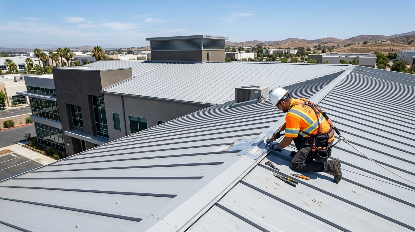 Commercial metal roof repair on a standing seam roof in Los Angeles.