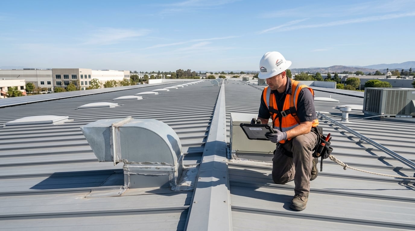 Scheduled inspection of a commercial standing seam metal roof.