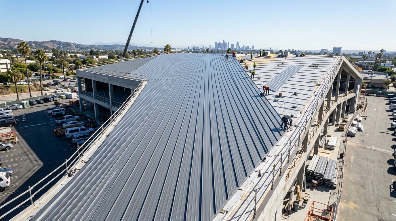 Commercial standing seam metal roof installation on a pitched building in Los Angeles.