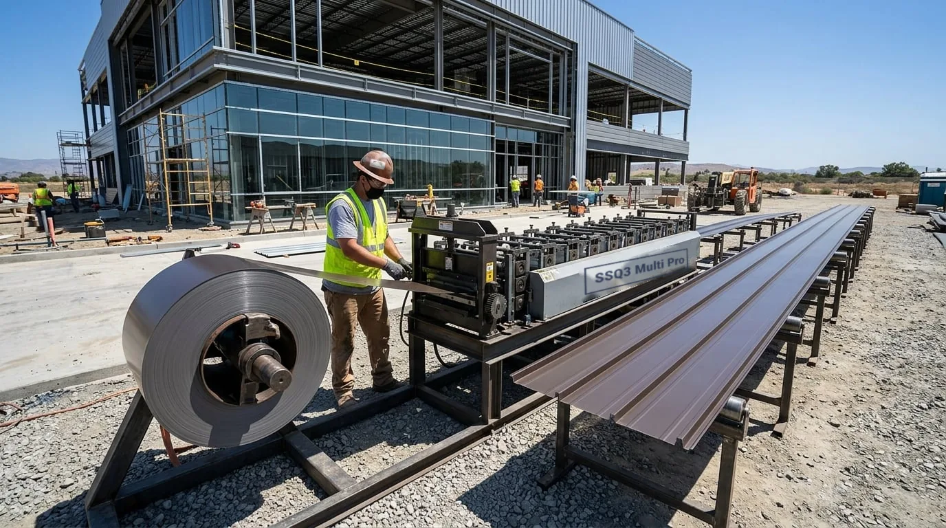 On-site panel forming by the crew for a commercial standing seam roof.