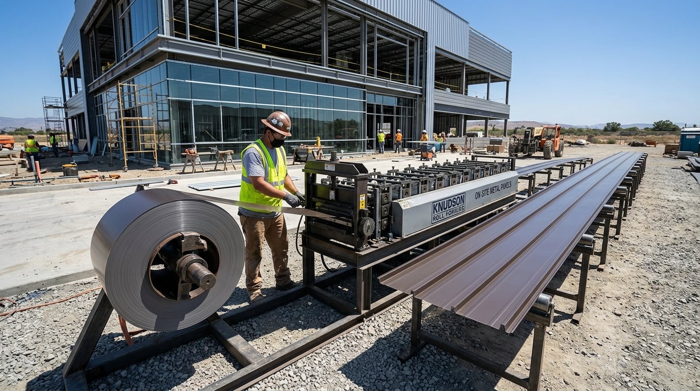 On-site panel forming by the crew for a commercial standing seam roof.