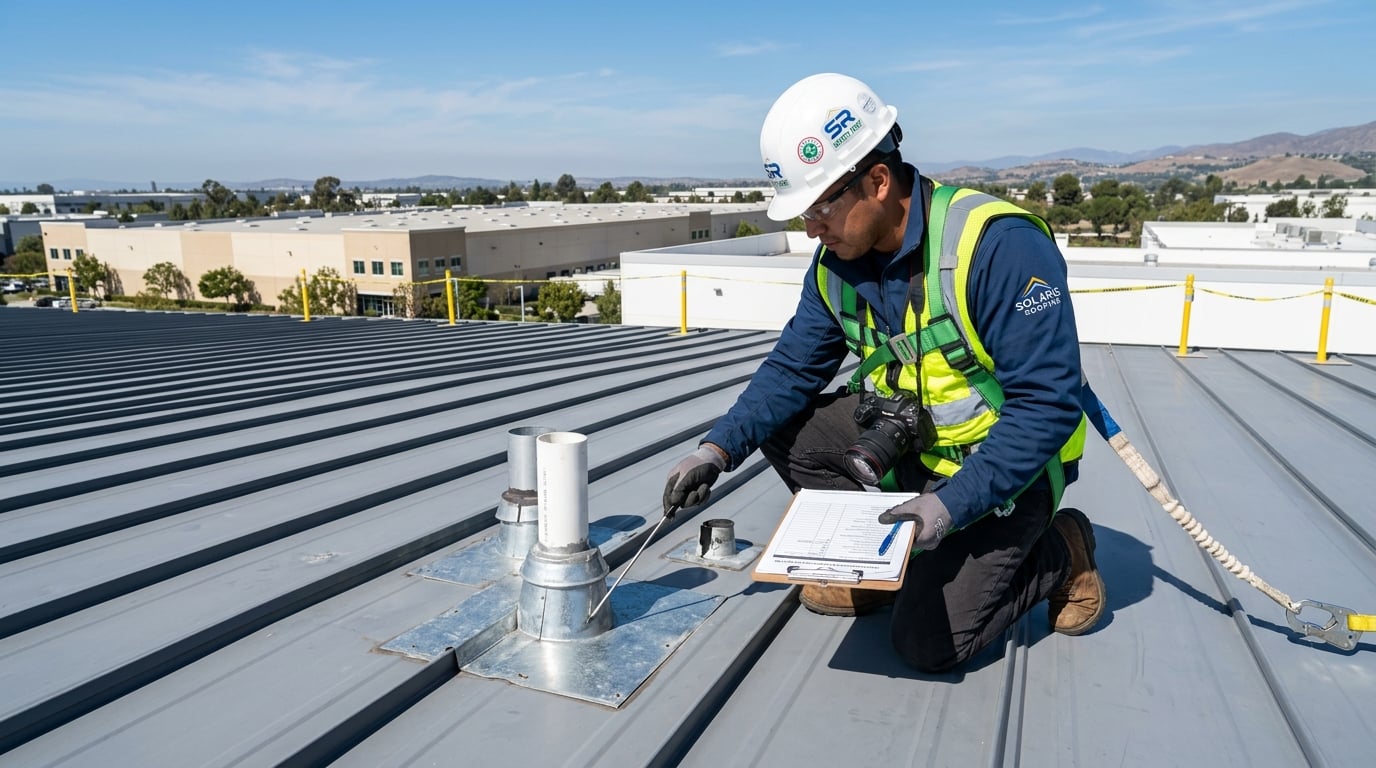 Scheduled preventive inspection of a commercial standing seam metal roof.