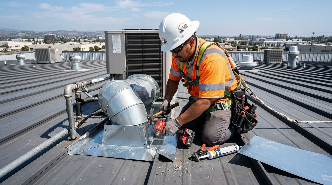 Repairing flashing on a commercial standing seam roof installed by another contractor.