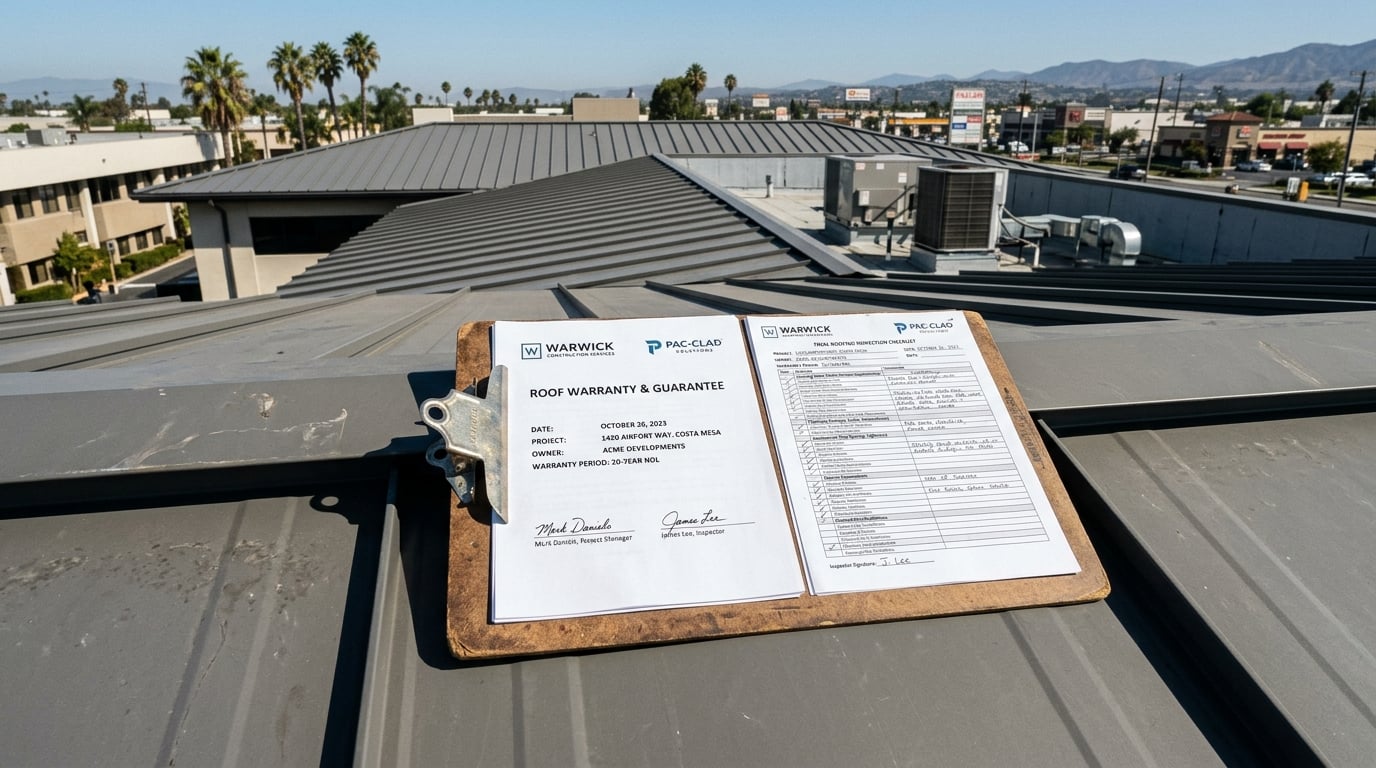 The 8-year workmanship warranty file for a commercial metal roof.