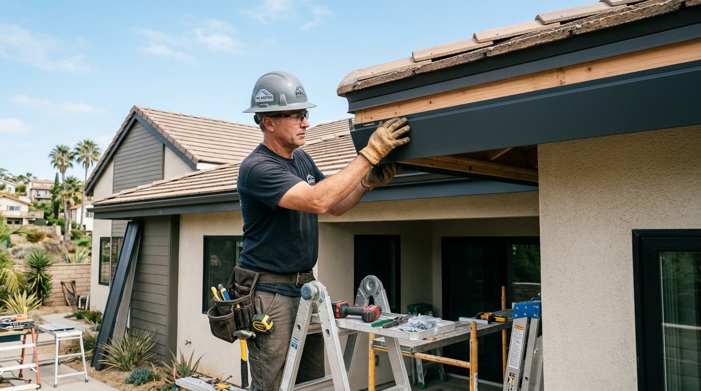 Sheet-metal crew forming a metal eave enclosure on site in Los Angeles.