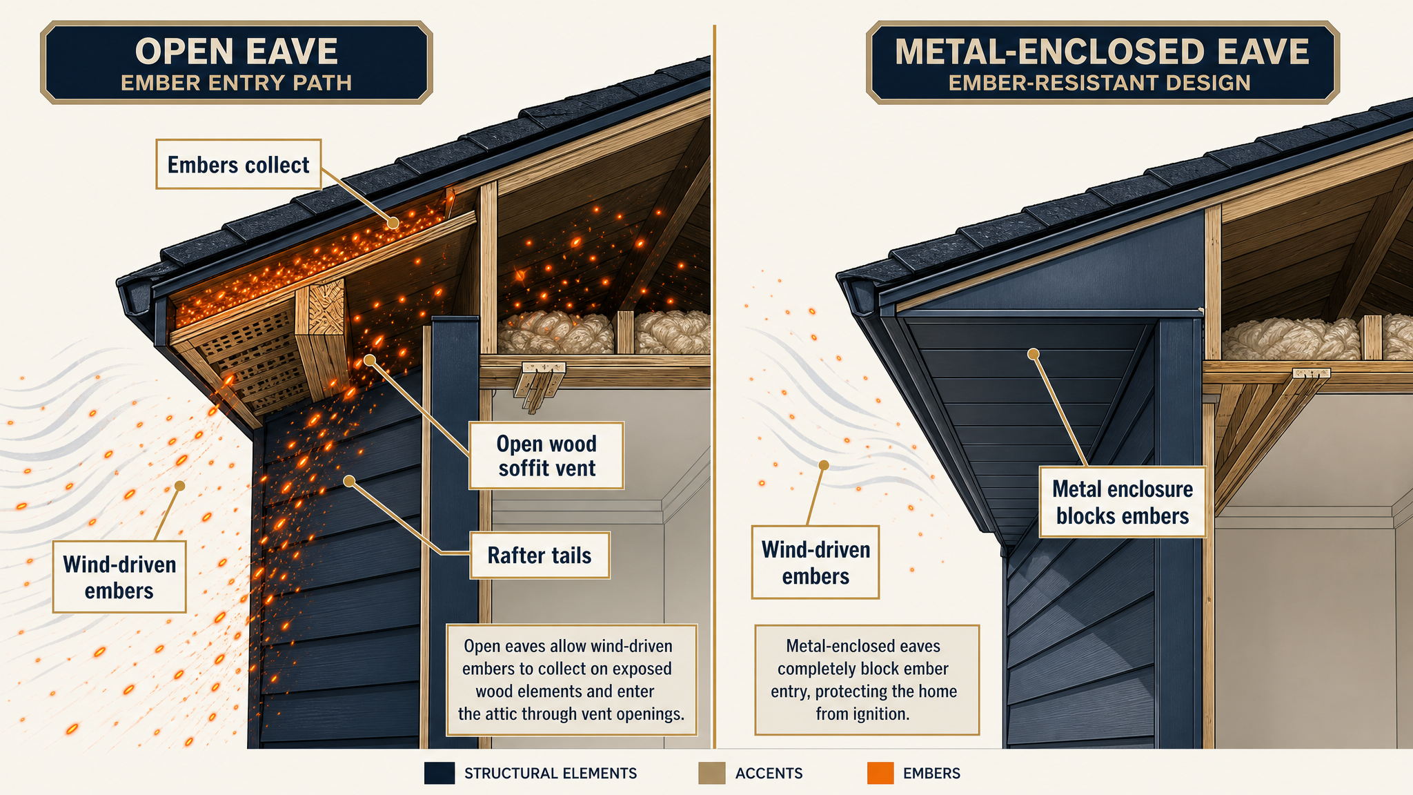 How embers enter an attic through open eaves versus a metal-enclosed eave.