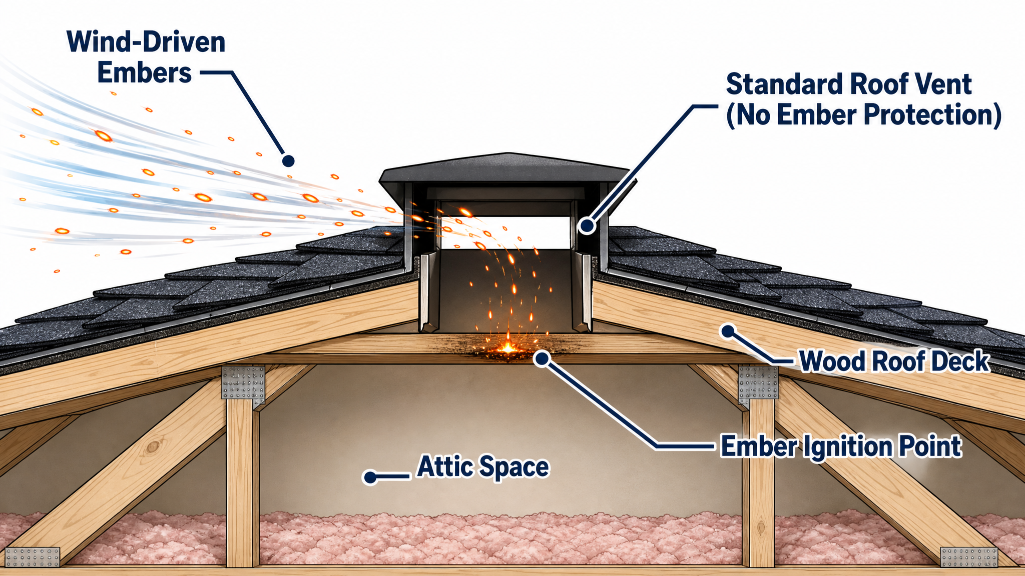Labeled cutaway diagram showing wind-driven wildfire embers entering a standard roof vent and landing on the roof deck inside the attic.
