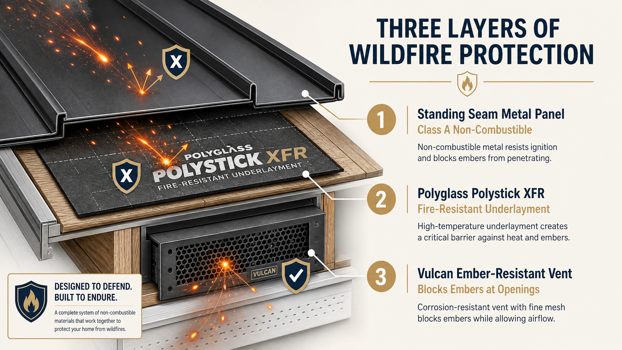 Labeled cutaway diagram showing a standing seam metal roof panel, Polyglass Polystick XFR fire-resistant underlayment, and a Vulcan ember-resistant roof vent working together to block wildfire embers before they reach the roof deck.