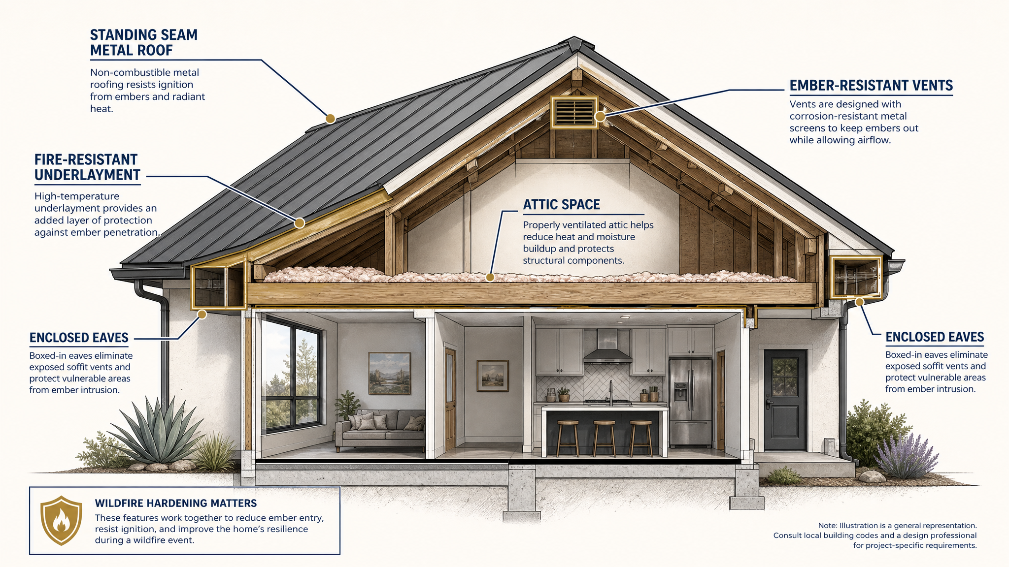 Home Fire Hardening Overview Labeled illustration showing the roof, attic, eaves, and ember-resistant vents as the highest-priority areas for wildfire home hardening.