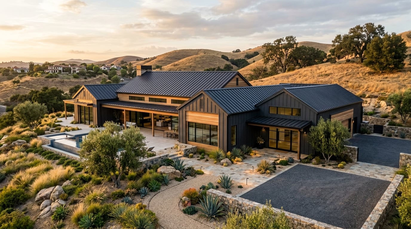 Matte Black standing seam metal roof on modern farmhouse home in Calabasas
