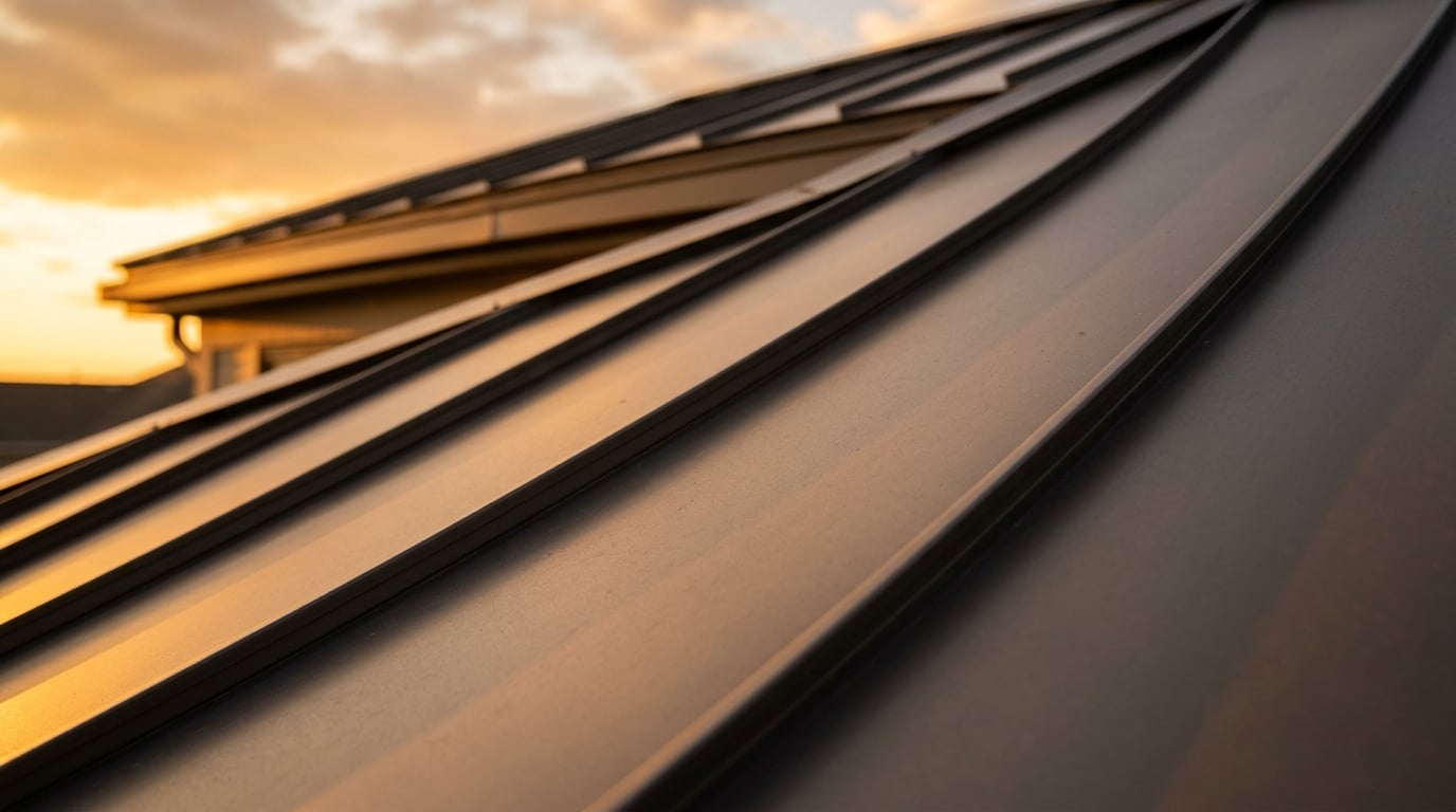 Standing seam metal roof panel close-up showing continuous interlocking seam design for ember resistance