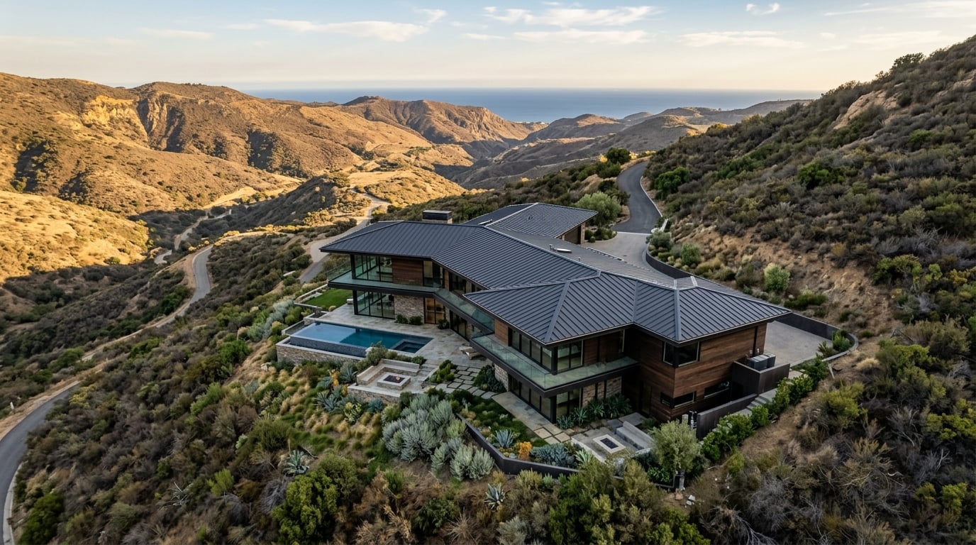 Charcoal Gray standing seam metal roof on contemporary home in Malibu